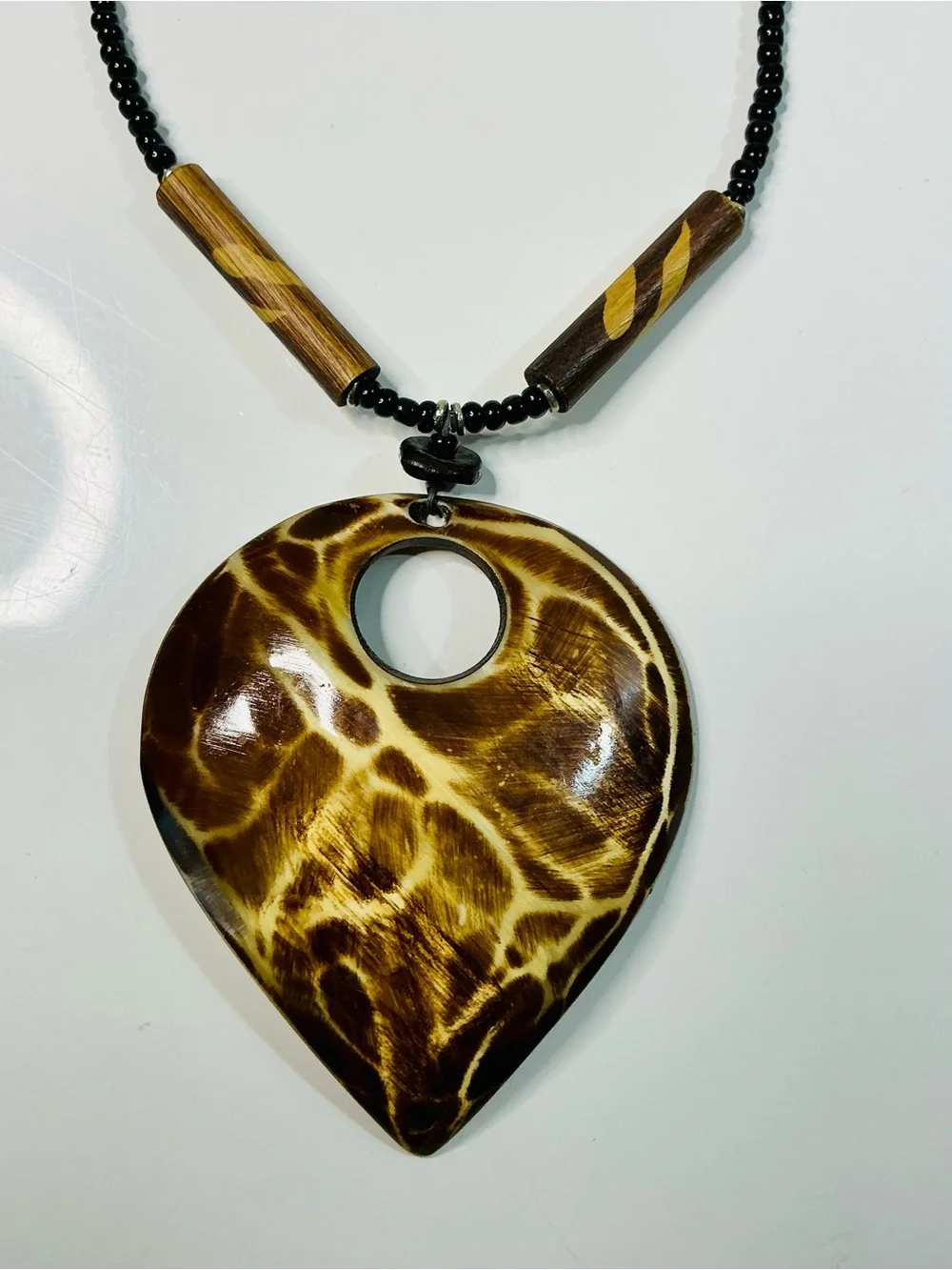 Handcrafted Brown Wooden Teardrop Pendant Necklace with Black Beaded Cord